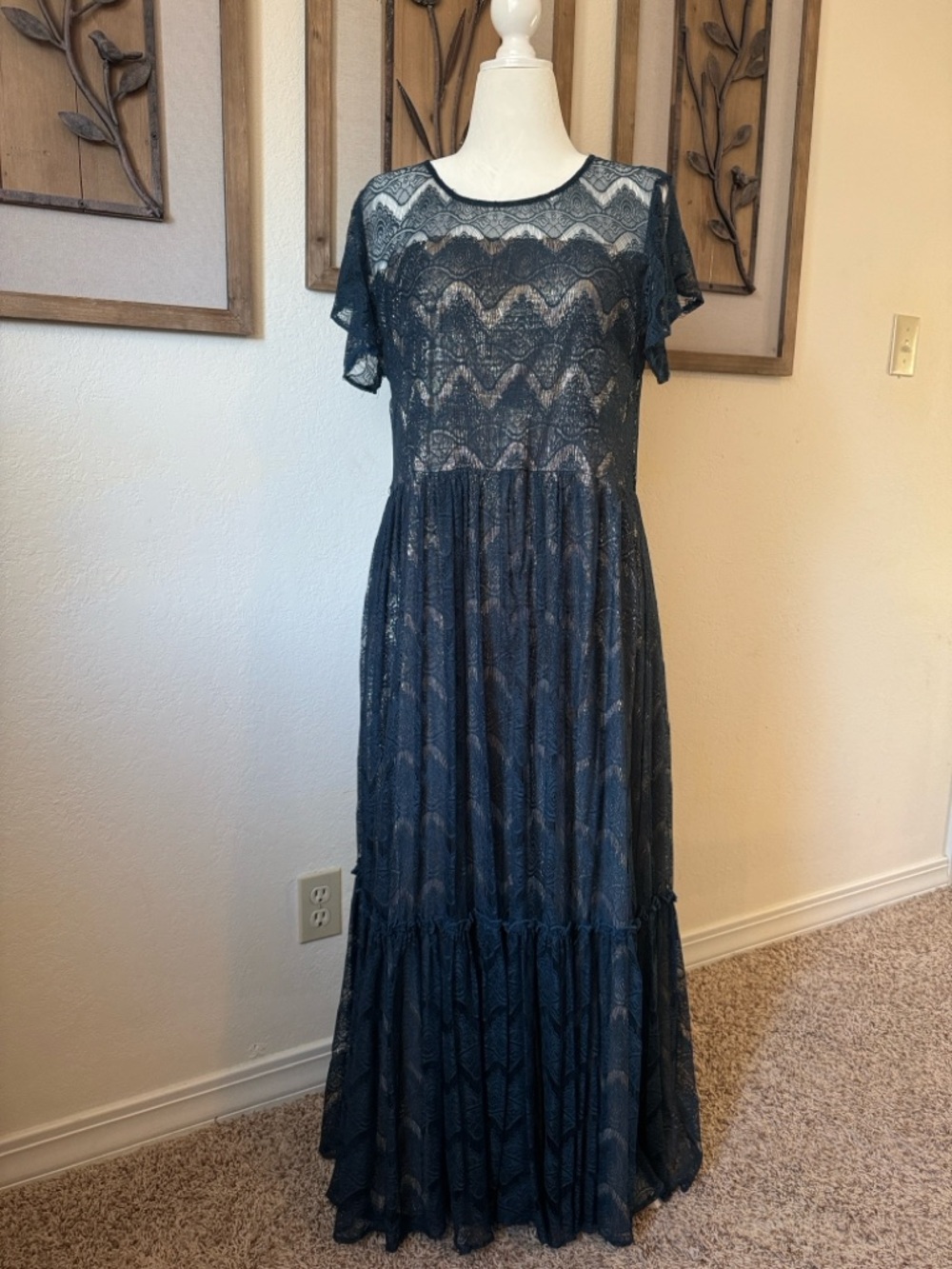 Mia Joy by Joyfolie XL Dark Emerald Blue  and Gold Lace Tiered Maxi Dress